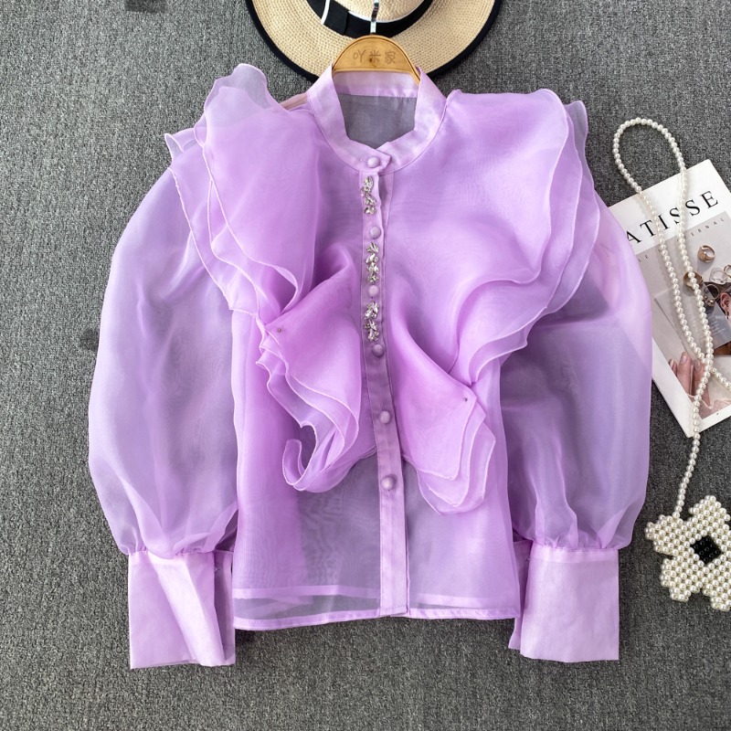Chemisier à volants en organza pour femmes, chic, maille perlée, transparent, élégant, mode coréenne, livraison directe