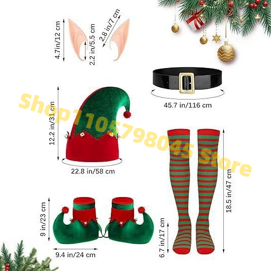 Ensemble de robe de Noël à paillettes pour femme, tenue festive verte avec chapeau, oreilles d'elfe, ceinture, chaussettes et couvre-chaussures pour fête de Noël et spectacle sur scène