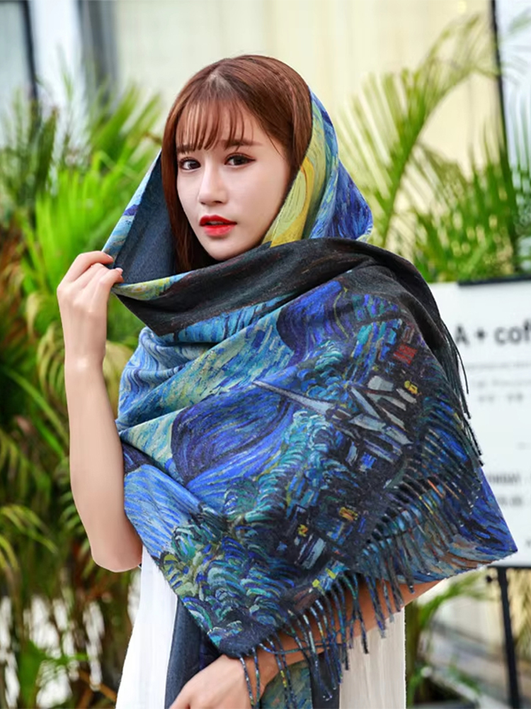 Peinture à l'huile hiver écharpe femmes luxe cachemire sensation châles Van Gogh Design extérieur foulard longue impression gland enveloppes châle