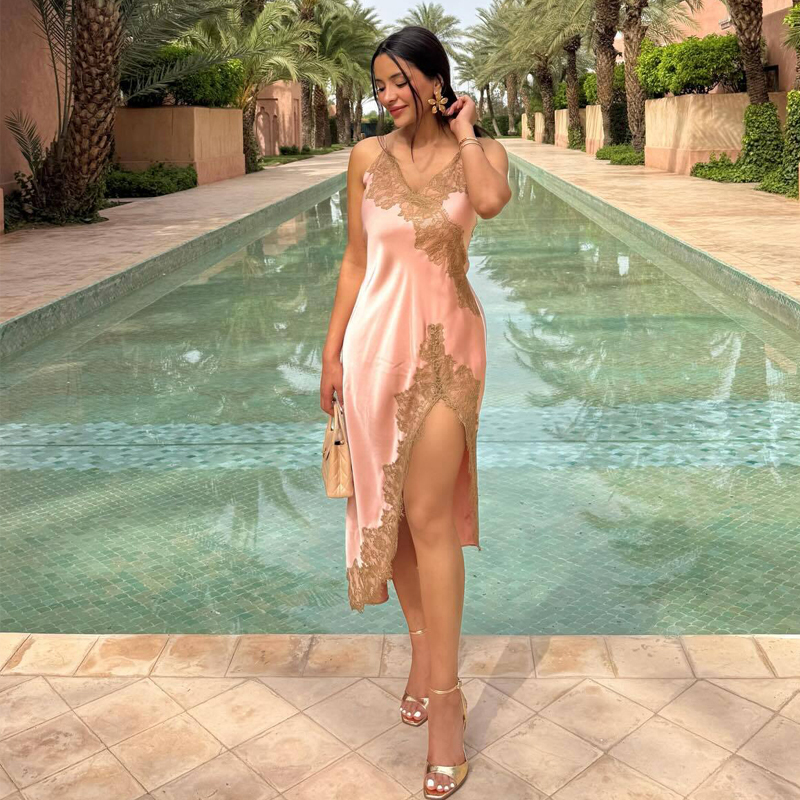 Robe midi en satin et dentelle pour femme, asymétrique, longue, sexy, dos nu, pour l'été, avec bretelles, pour les soirées
