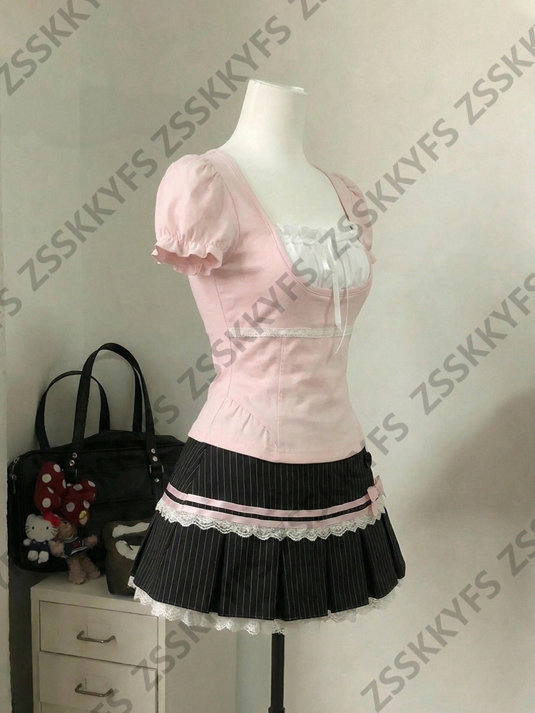 Robes décontractées pour femmes, robes élégantes roses mignonnes, robes coréennes des années 2000, t-shirt à nœud doux, jupe courte rayée en dentelle, vêtements Y2k, robe Lolita