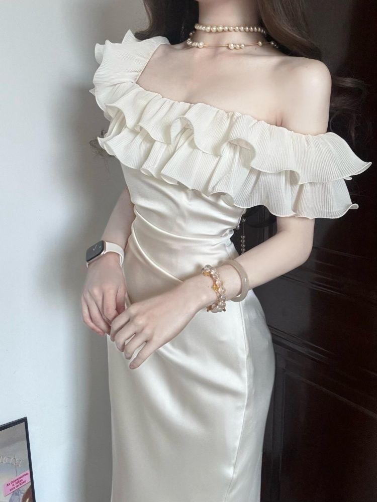 Robe élégante française printemps-été pour femmes, robe longue chic à volants, épaules dénudées, robe de soirée blanche sexy Harajuku