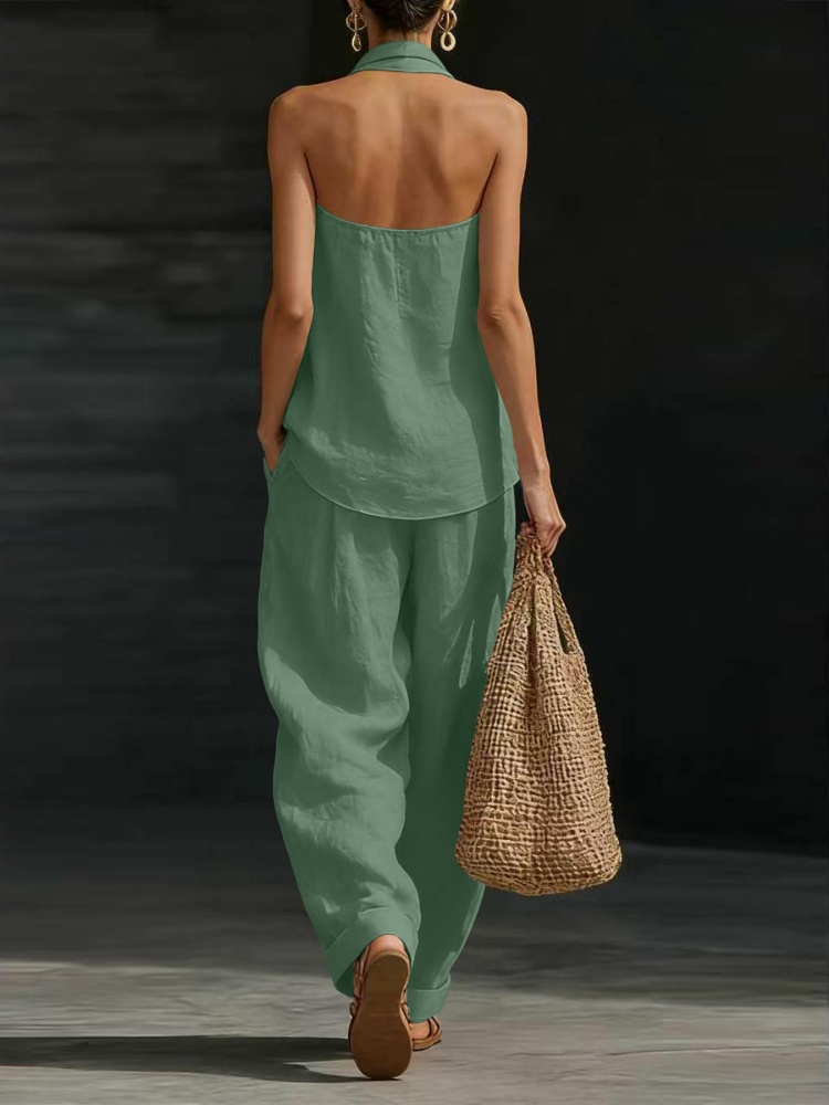Nouvel ensemble décontracté d'été 2026 en lin sans manches pour femme, style européen tendance, pantalon large et ample, deux pièces
