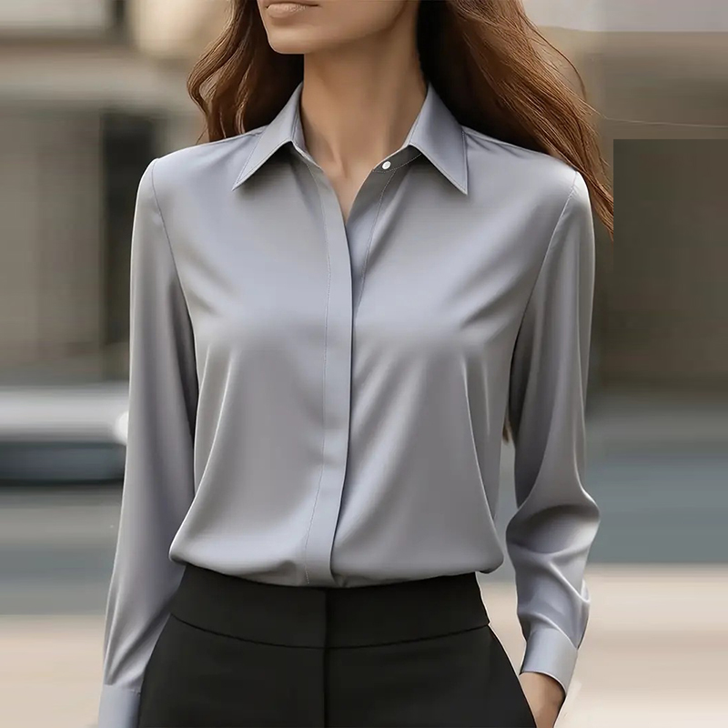 Nouveau bureau dame chemise femmes col rabattu à manches longues bouton Blouse femmes mode solide chemise formelle bleu blanc noir gris