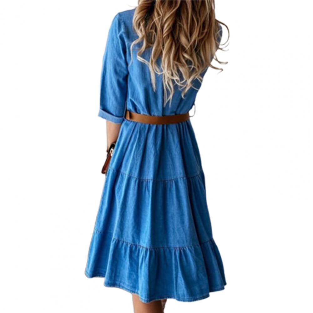 Robe en jean à manches trois-quarts avec ceinture, col rabattu, boutons et volants, pour femme, printemps-automne 2025