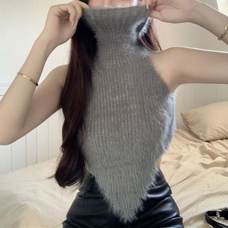 Femmes automne hiver sans manches chemise à bascule épaules dénudées pull gilet débardeurs tricoté col roulé pulls dames hauts