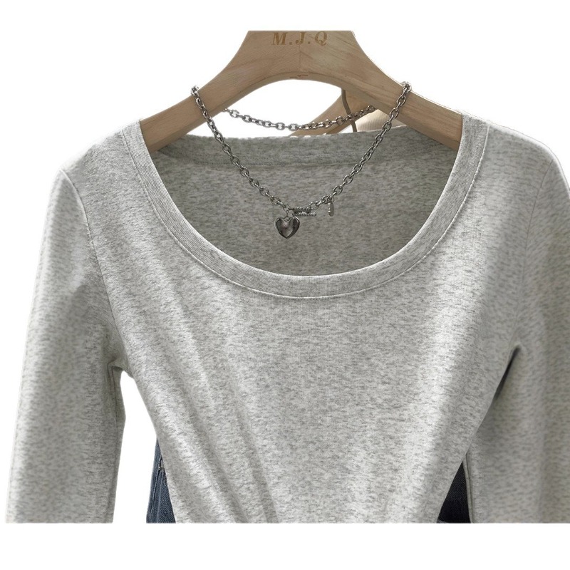Vêtements pour femmes, tenue d'automne, t-shirt à col rond, manches longues, couleur unie, design tendance pour étudiantes, haut ajusté pour femme.