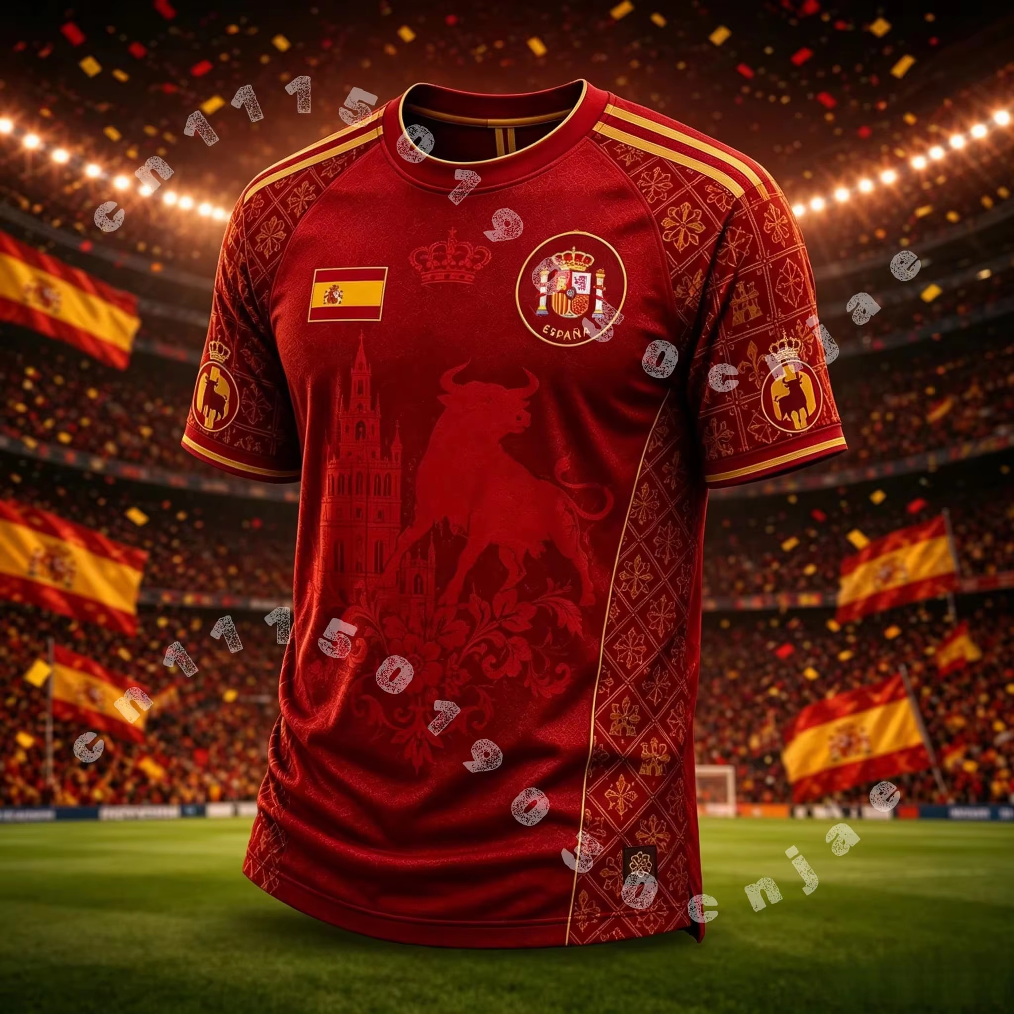 Maillot de football à séchage rapide pour hommes, T-shirt de sport à manches courtes pour fans de football, imprimé en relief Red Spain Golden Bull Cathedral