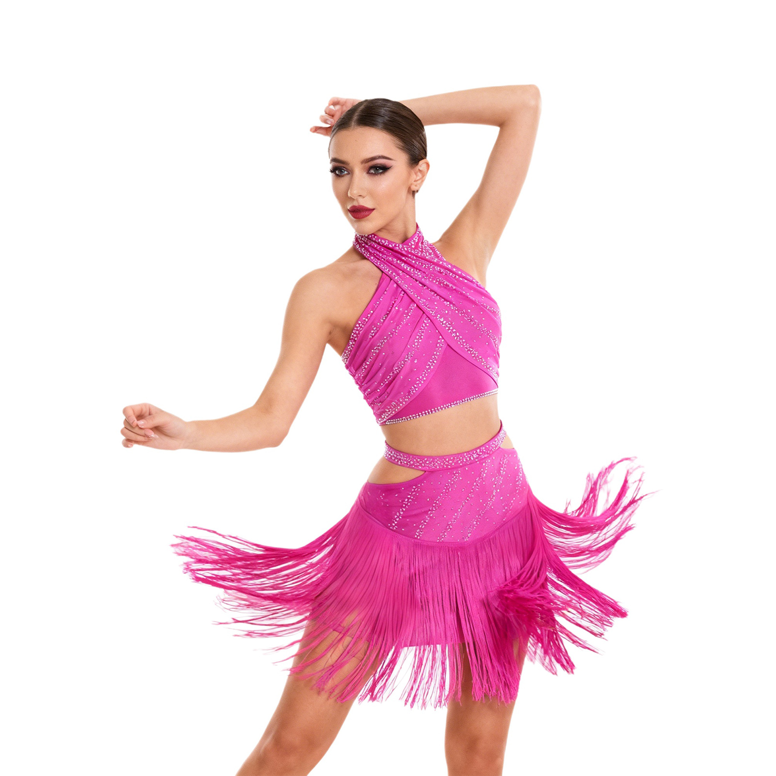 Tenue de danse latine Tango pour femmes, haut court dos nu sans manches + jupe à glands pour salle de bal Jazz Chacha Salsa, Costume de danse