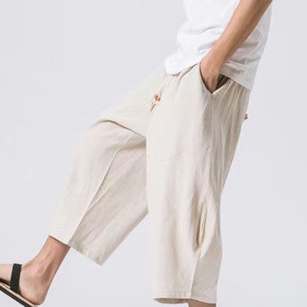 Hommes ample mince coton lin pantalon décontracté mollet longueur pantalons de survêtement vêtements pour hommes mode couleur unie sarouel