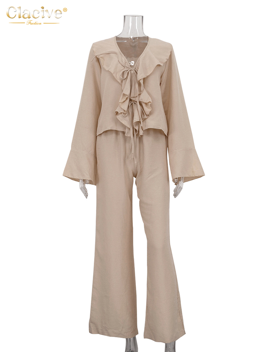 Clacive mode ample kaki deux pièces tenues femme 2025 élégant à manches longues chemise à volants avec taille haute pantalon large ensemble femme