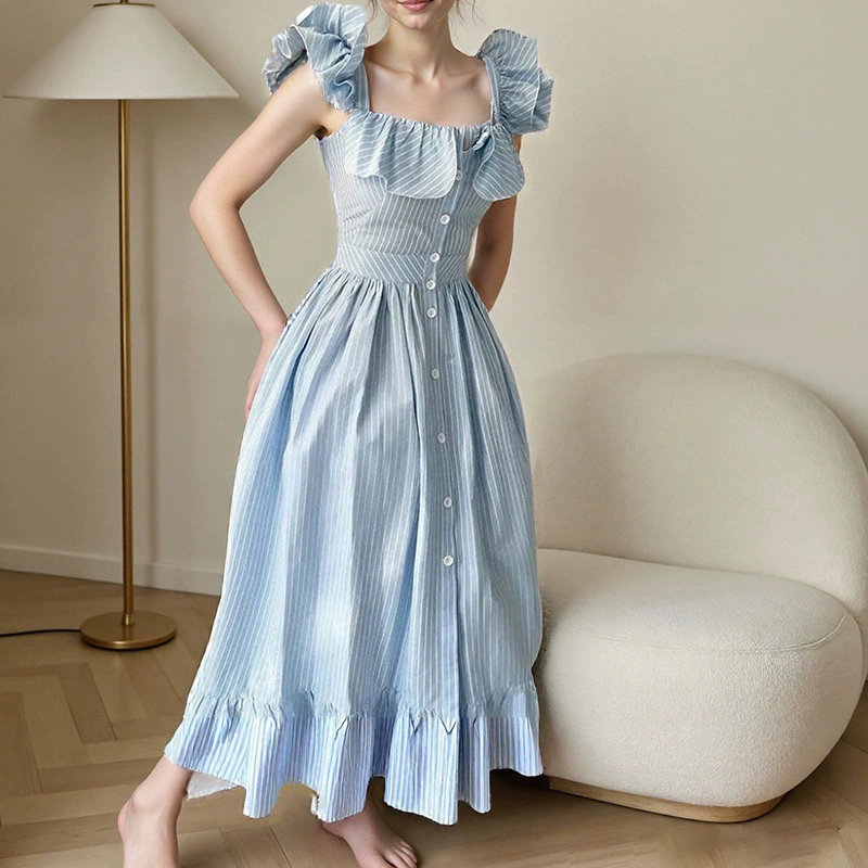 Robes longues rayées à manches volantes pour femme, élégantes, à simple boutonnage, coupe trapèze, taille haute, chic, pour l'été et les vacances