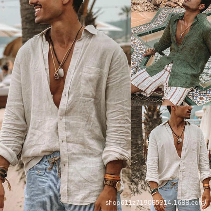 Chemise pour homme, été, décontractée, nouvelle, couleur unie, style européen, ample, avec poche, col à revers, manches longues, cardigan, chemise de plage, vêtements pour homme automne.