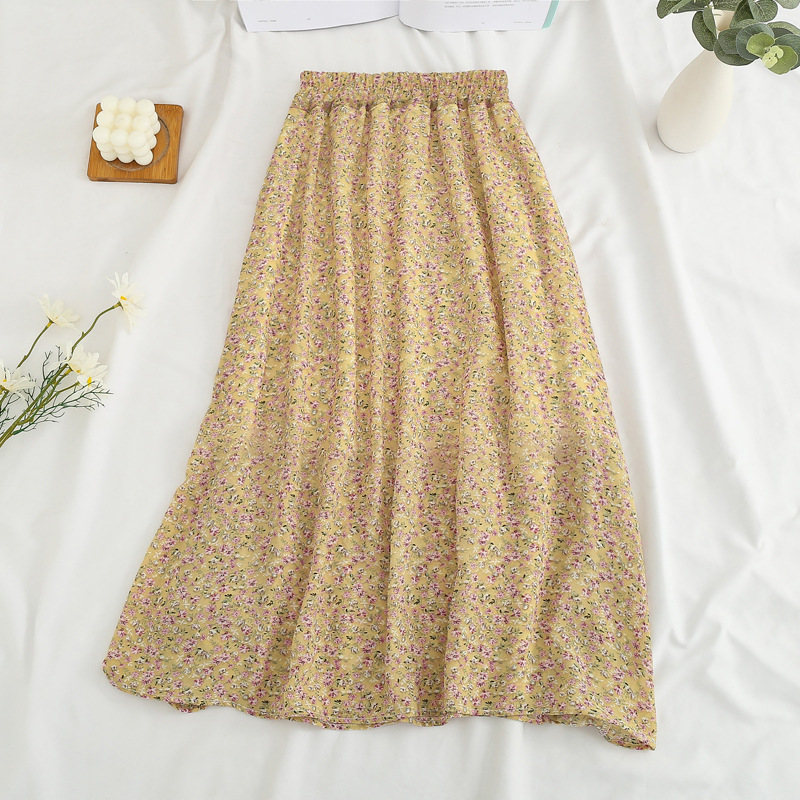 Longue jupe plissée en mousseline de soie pour femme, style bohème élégant, imprimé floral, ligne A, coréen, Harajuku, chic, simple, midi, été