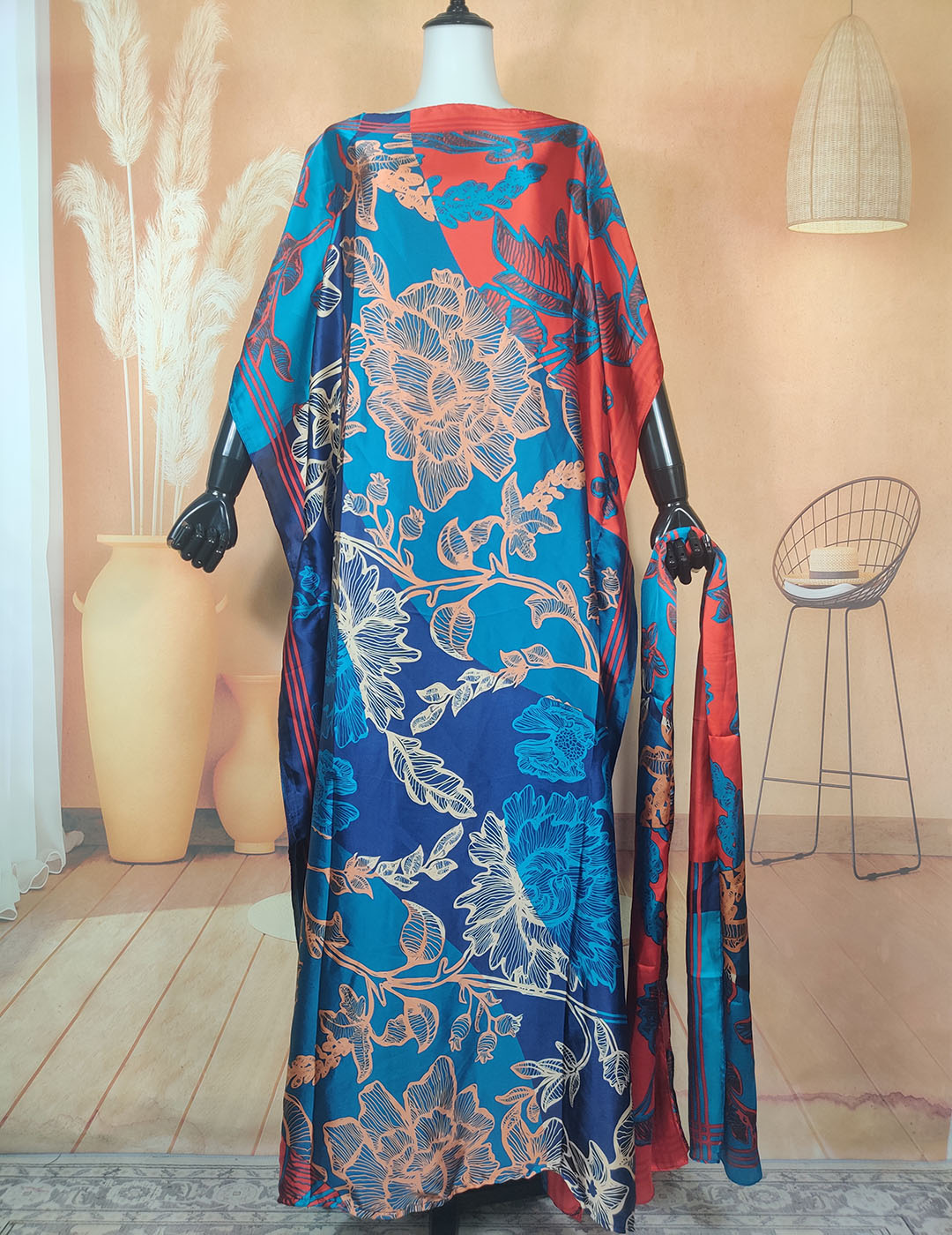 Robe Kaftan en Soie Imprimée Ramadan Plus, Vêtement Africain pour Femmes, Magnifique Robe Maxi à Col Rond et Manches Courtes avec Hijab