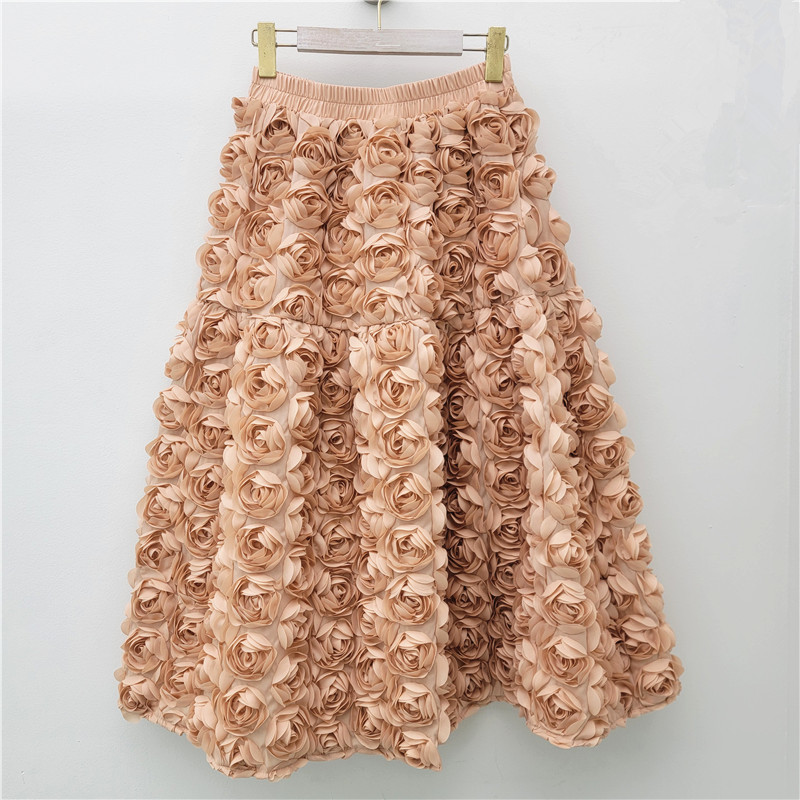 Jupe pour femmes 2025 été polyvalent fleur tridimensionnelle mi-mollet jupe taille haute grande balançoire mode a-ligne jupes longues