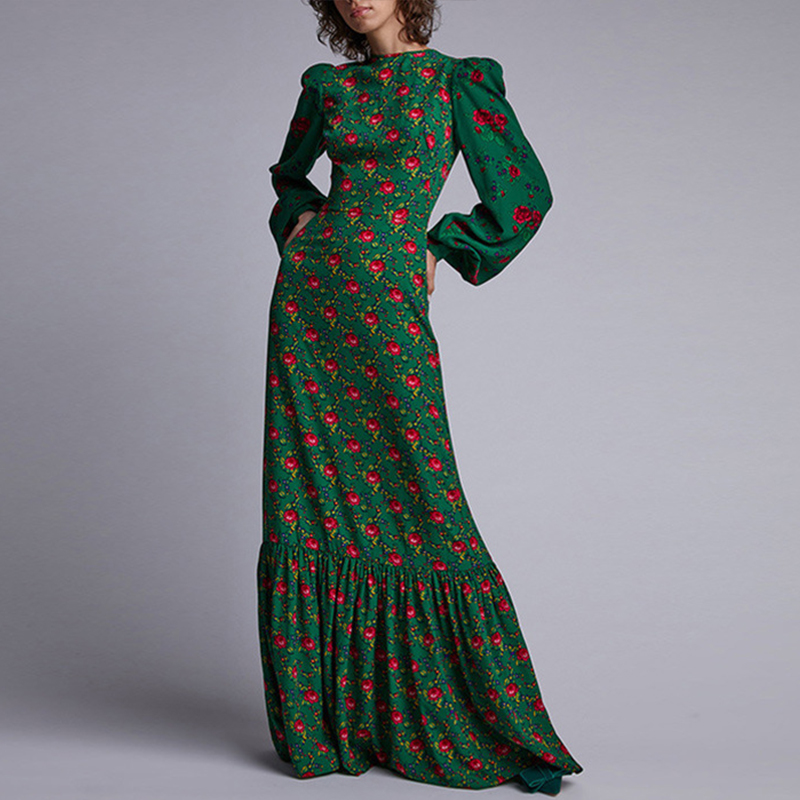 Robe longue de soirée élégante pour femmes, Sexy, décolleté en V profond, imprimé floral, Vintage, manches lanternes, plissée, style bohème, 2023