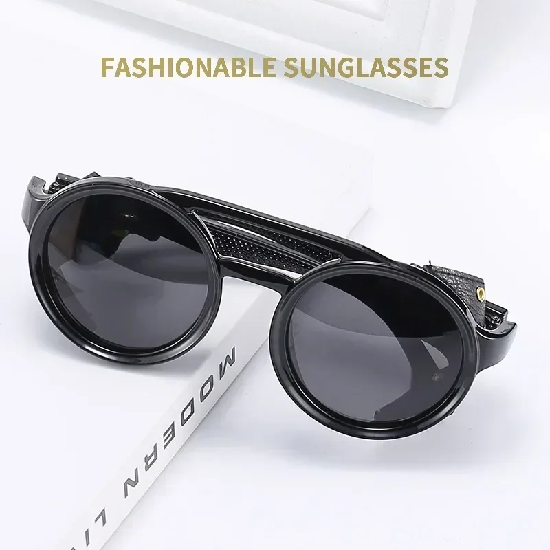 Lunettes de soleil rétro pour hommes et femmes, lunettes rondes en cuir, lunettes vintage anti-vent, lunettes de soleil de sport en plein air, UV400