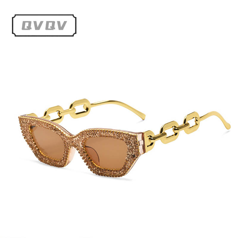 Lunettes de soleil œil de chat pour femmes avec chaîne dorée, design de marque de luxe, verres effet diamant brisé, tendance pour les soirées et la conduite