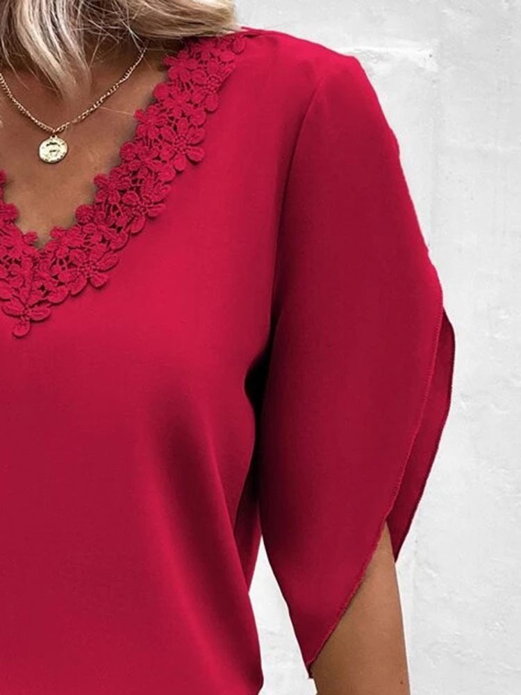 Chemisier élégant à manches courtes pour femmes, hauts d'été en dentelle noire, col en v, ample, chemise de bureau, décontracté, Streetwear, vêtements féminins
