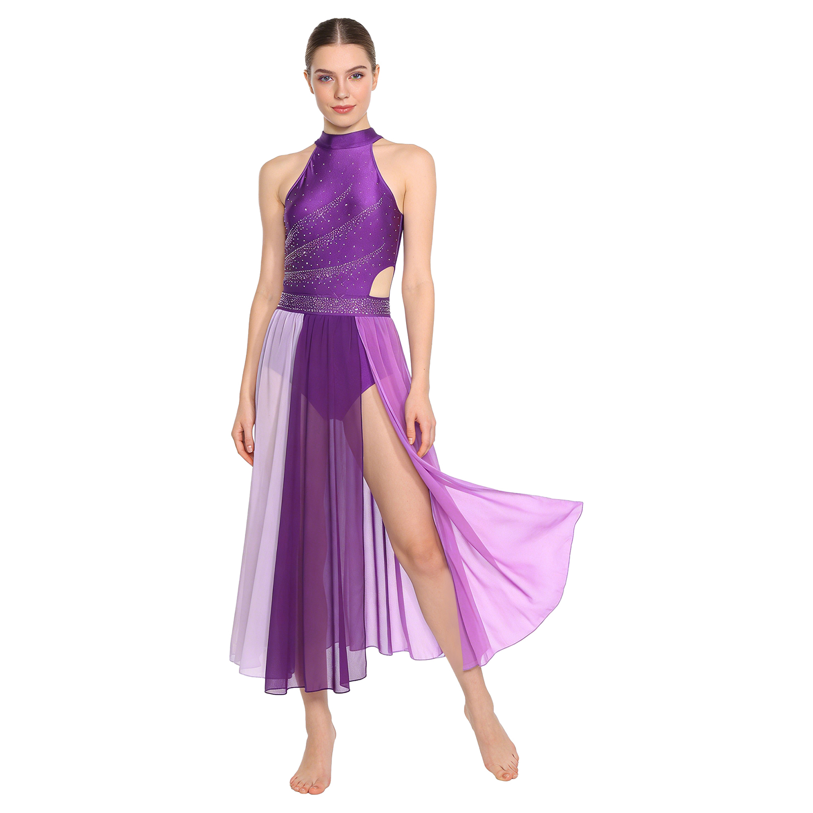Robe de danse lyrique moderne contemporaine pour femmes, costume de performance, strass, fente latérale, robe en maille, costume de danse