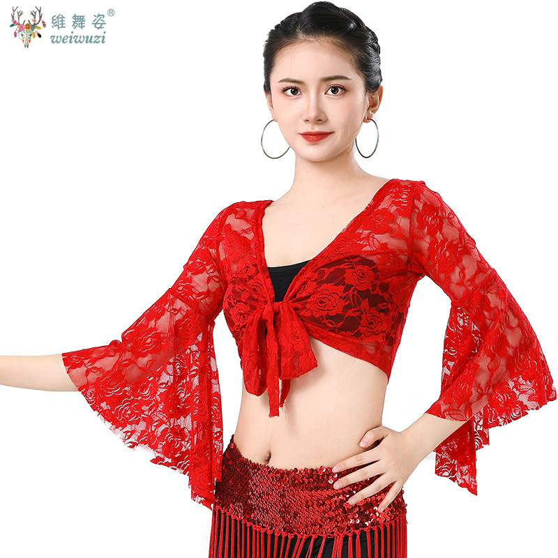 Costume de danse du ventre pour femmes, manches évasées en maille, châle à lacets, boléro, hauts, chemise de Ballet latine, Costume de spectacle