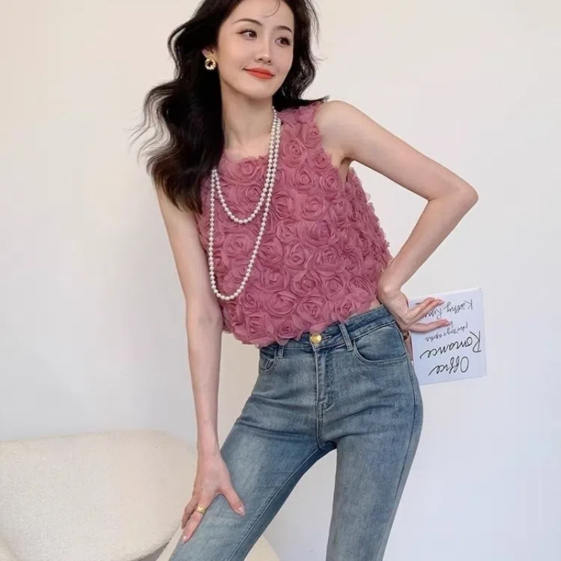 Tempérament sans manches tout-match gilet court été nouvelle couleur unie mignon col rond mode t-shirt hauts doux coréen femmes vêtements