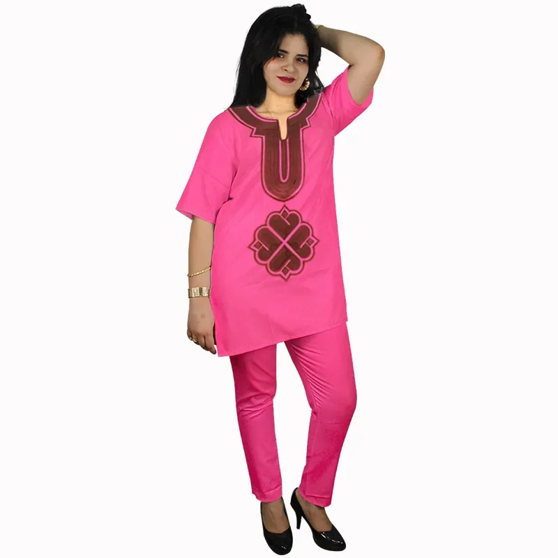 Robe Africaine en Tissu Souple pour Femme, Haut et Pantalon avec Design Brodé
