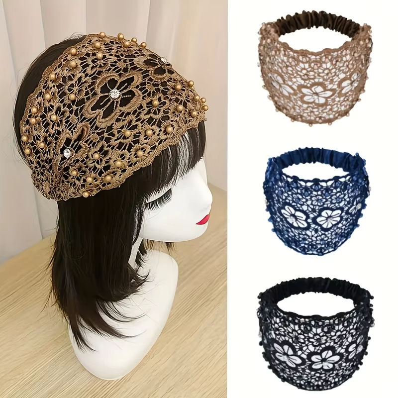 Bandeau amissié en polyester avec dentelle florale, élégant, avec perles, élastique, ensemble d'accessoires pour cheveux, motif