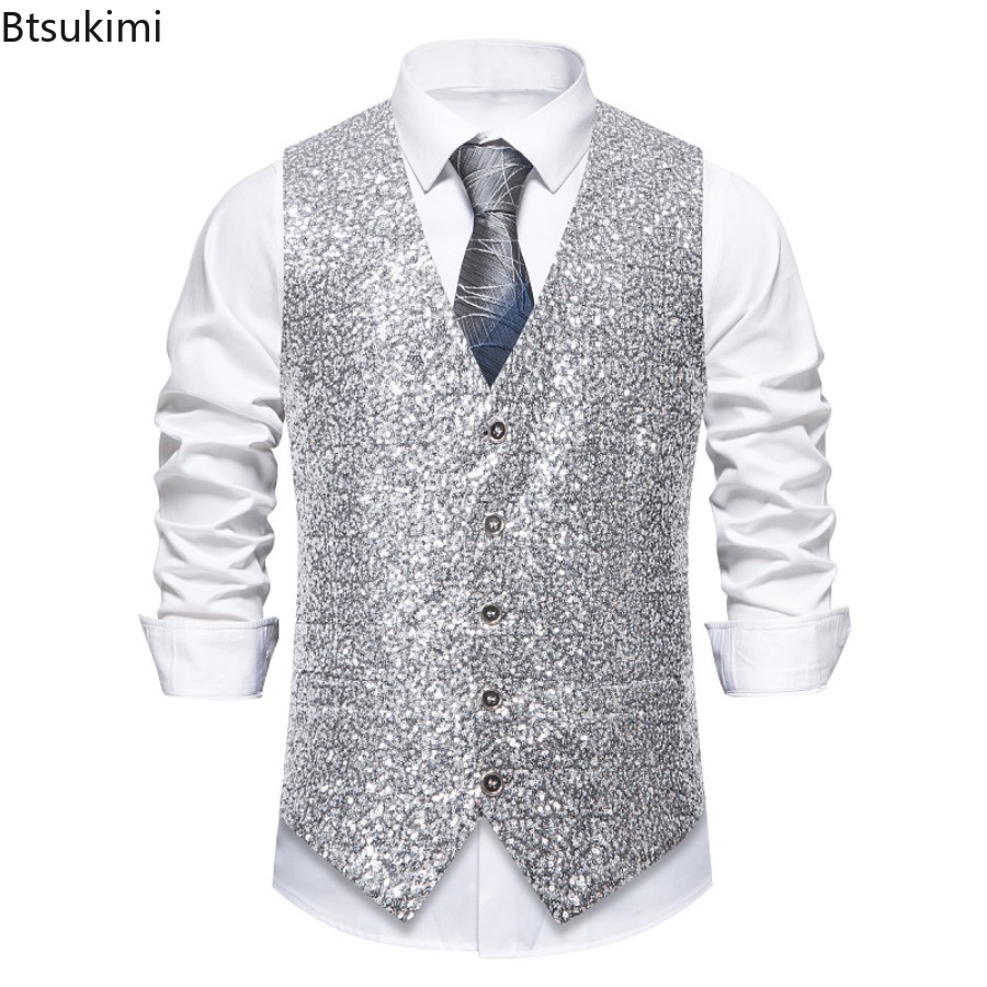 Gilet de Costume à paillettes dorées brillantes pour hommes, à la mode, simple boutonnage, Slim, scintillant, de luxe, pour fête de mariage, scène, bal de promo