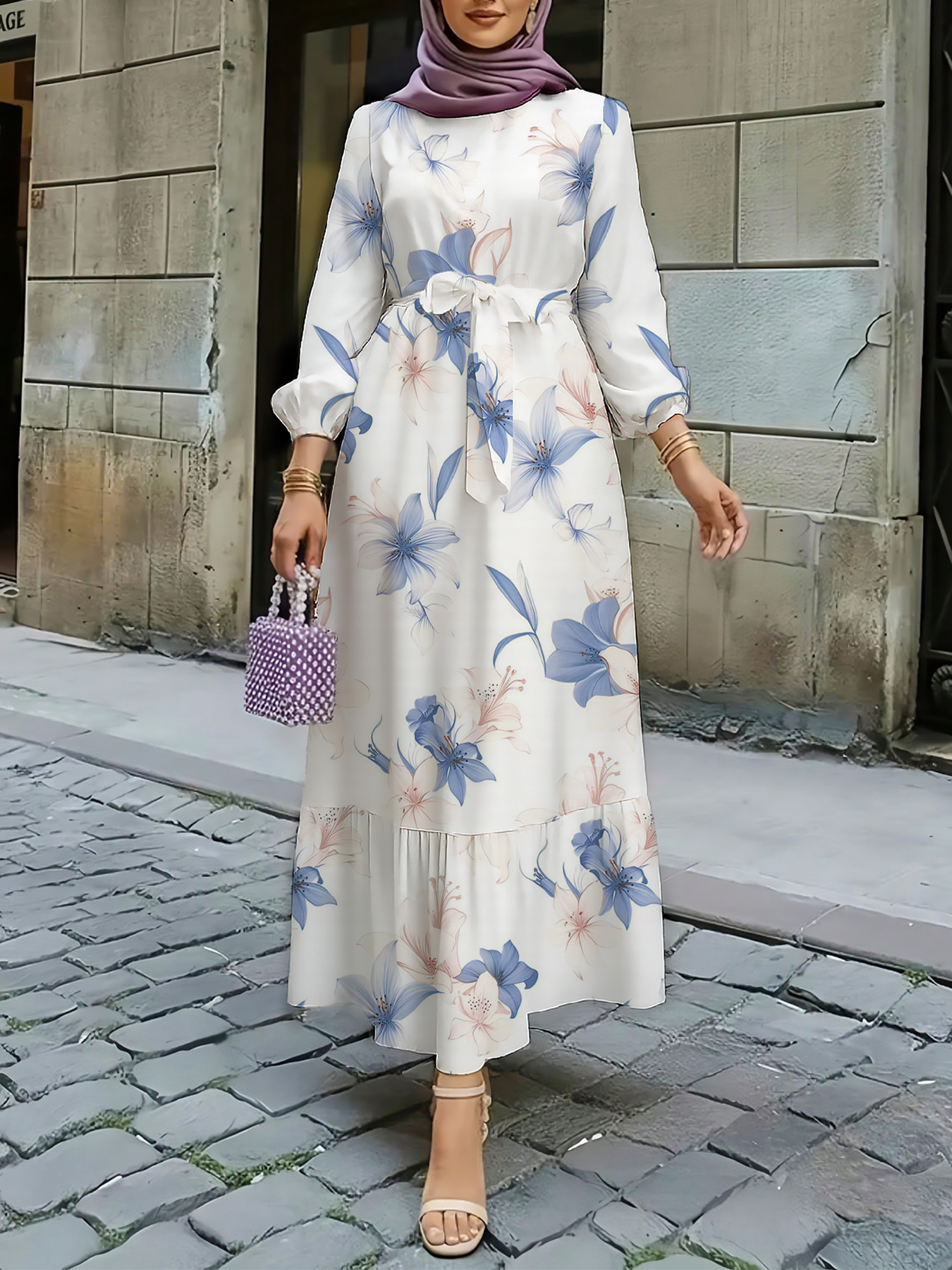 Nouvelle robe élégante de style occidental à imprimé floral, taille élastique, ourlet à volants