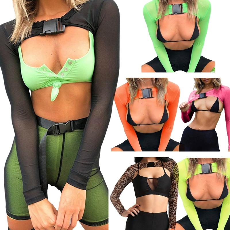 T-Shirt à manches longues avec boucle pour femme, haut court Sexy, maille transparente, couleur unie, léopard, transparent, Rave Party, Cover-Up
