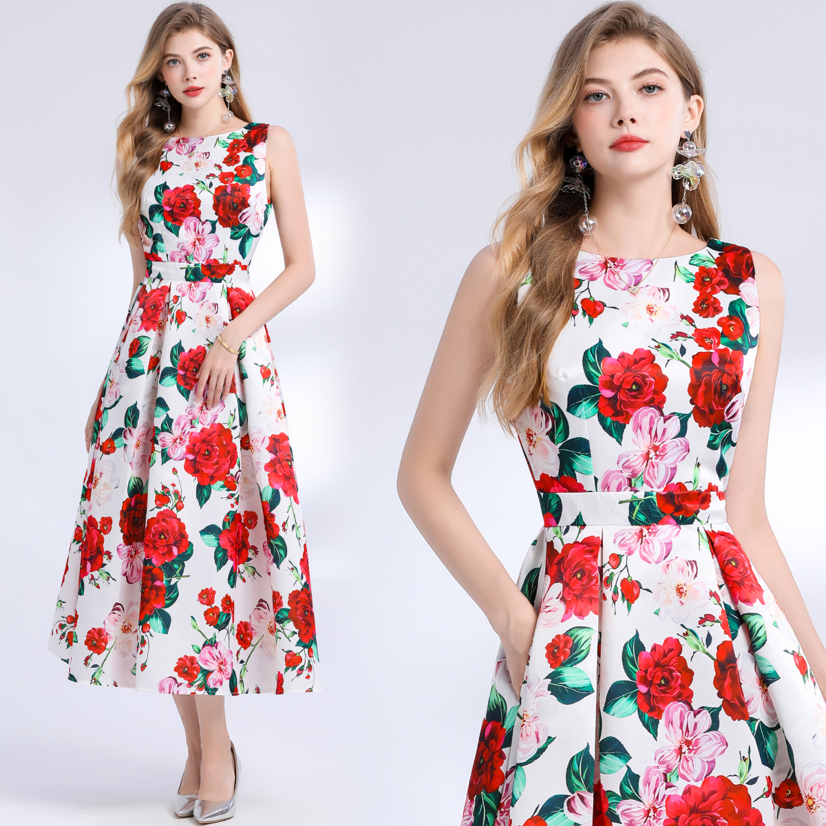 Robe d'été à fleurs Jacquard pour femmes, sans manches, débardeur, col rond, imprimé Floral Empire, longue plage, fête, robes de soirée mi-longues