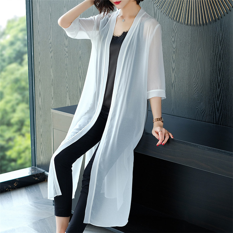 Cardigan long en mousseline, chemisier pour femme avec ceinture, style coréen transparent, tendance Y2K, haut féminin pour le printemps et l'été.