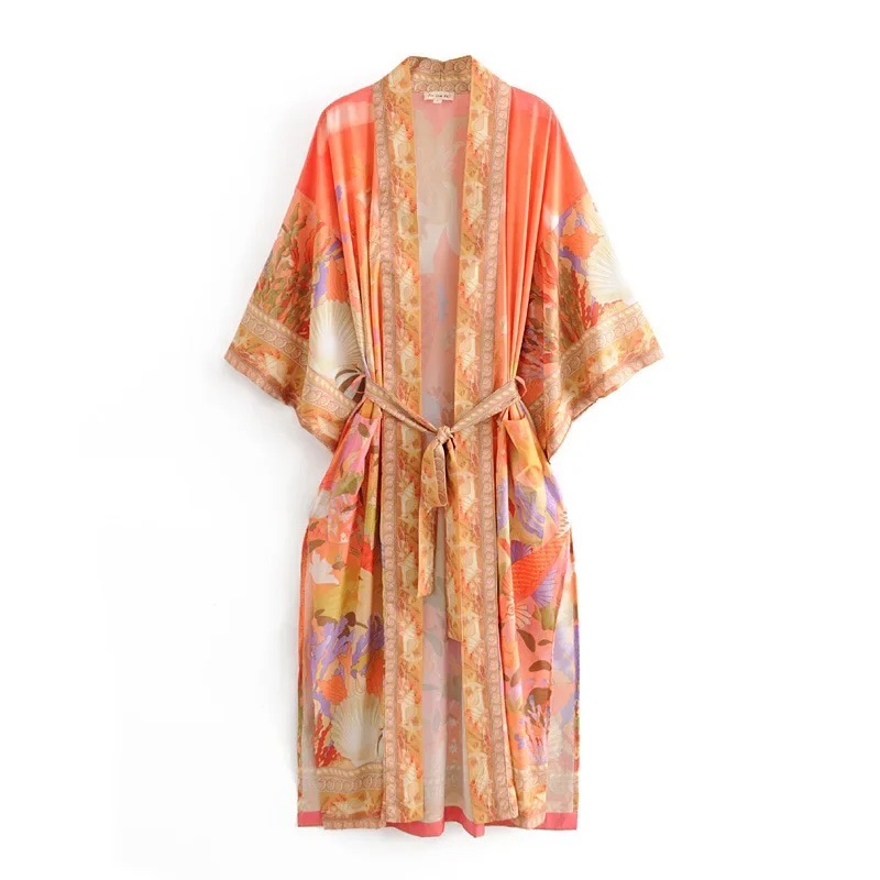 Robe Kimono Vintage Chic à Imprimé Floral pour Femme, Manches Chauve-Souris, Style Bohème, Gothique, Col en V, Plage, Été