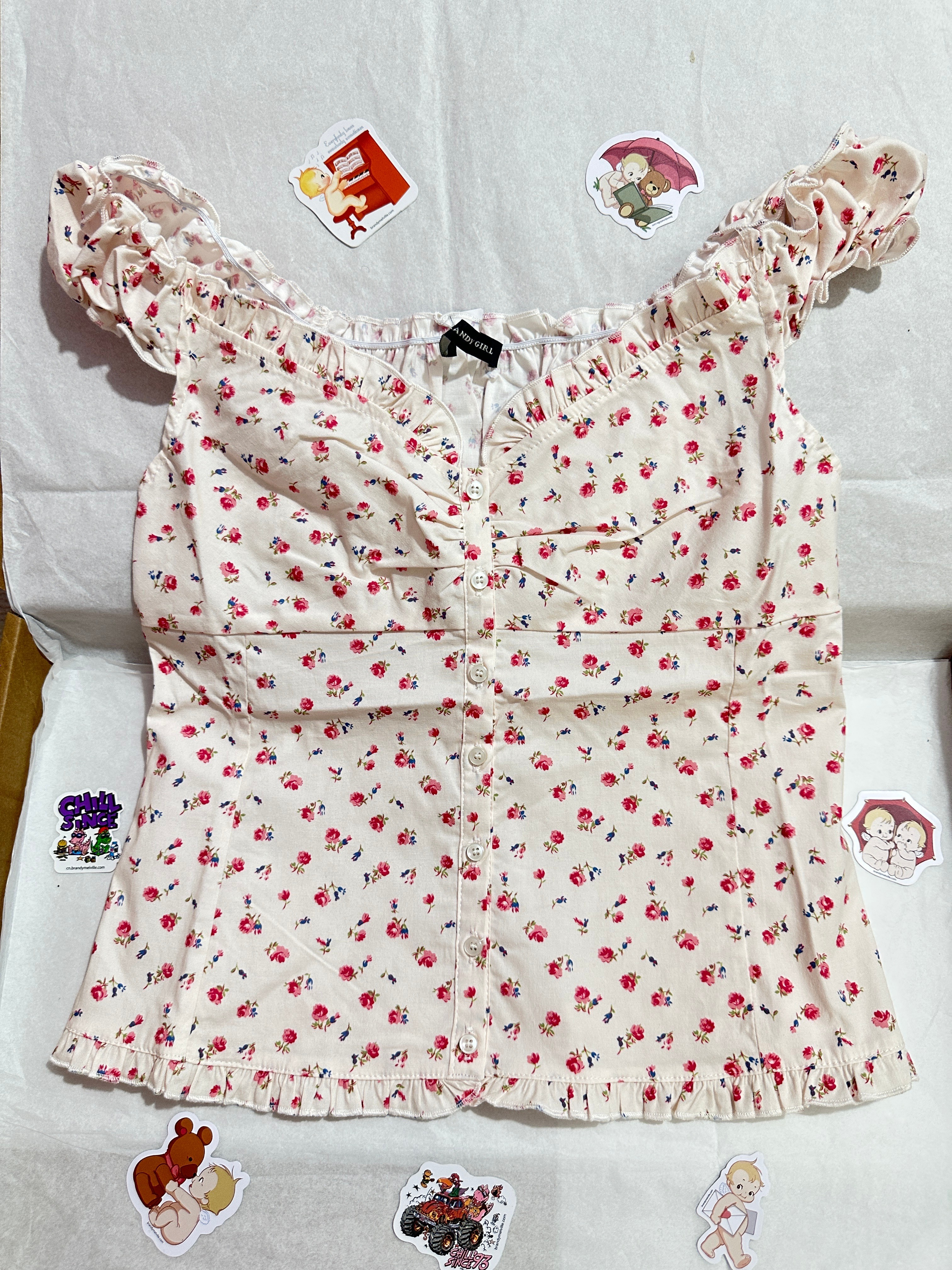 T-shirt imprimé Floral pour femmes, chemisier à volants, col en V, pliable, simple boutonnage, été, doux, Vintage, manches bouffantes, chemise Slim Y2K