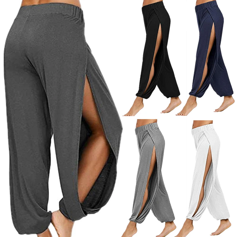 Pantalon Haren d'été à fente haute pour femmes, pantalon de sport, de Yoga, couleur unie, ample, Hippie, sarouel, jambes larges