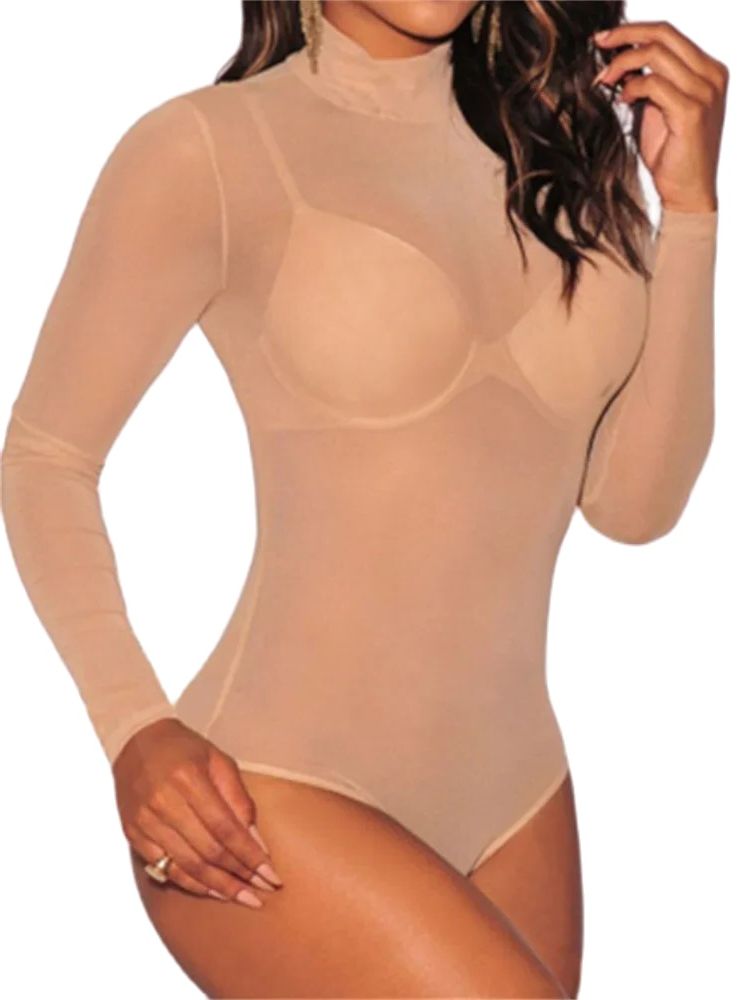 Body en maille pour femmes, manches longues, col montant, moulant, transparent, Vintage, Sexy, Clubwear, été, automne