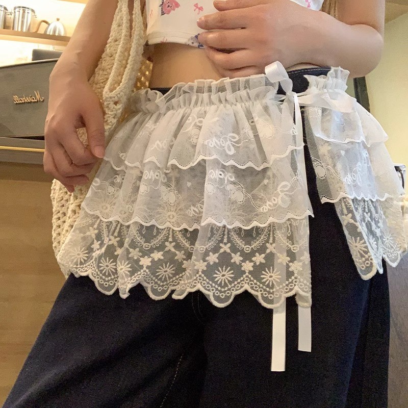 Jupe irrégulière en dentelle de mode coréenne, jupe mi-longue en dentelle à fleurs blanches, jupe en maille pour femmes, bas d'été, ourlet décoratif en jean