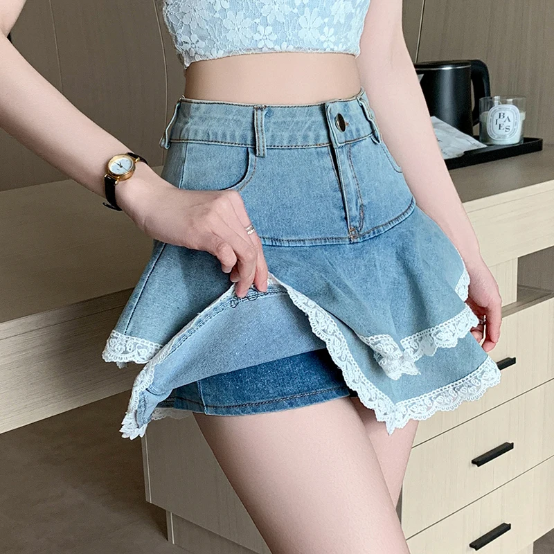 Jupes en jean pour femmes, nouvelle mode printemps été, taille haute, décoration en dentelle, short, Mini jupes pour femmes