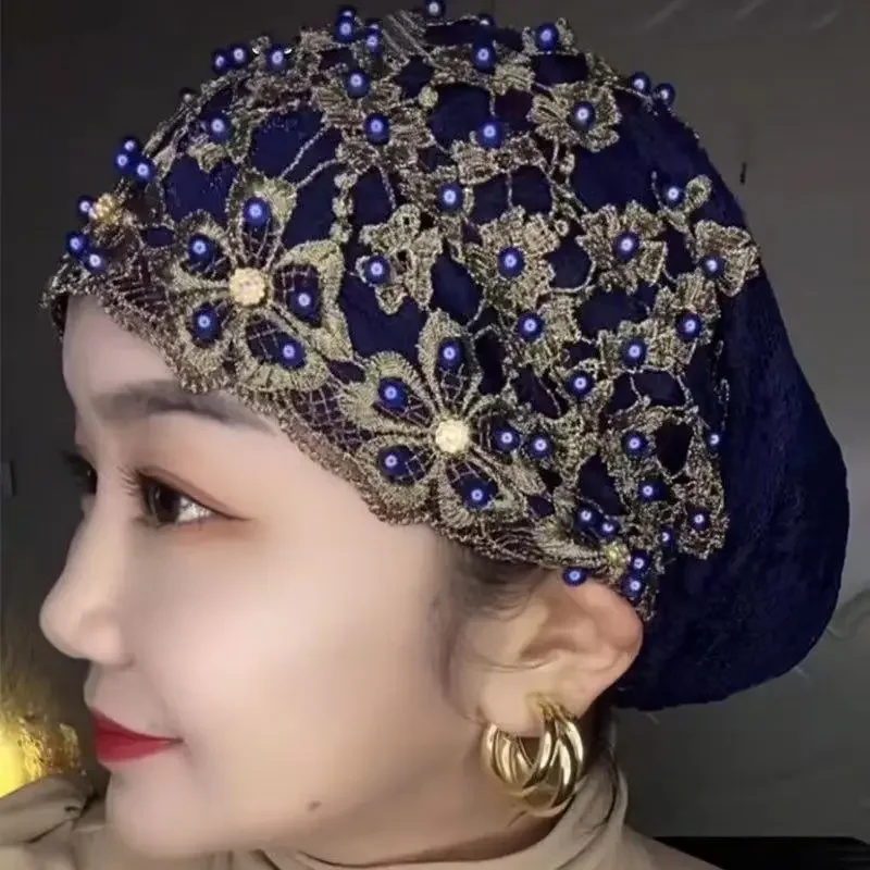 Dames personnalité ethnique perlé chapeau gaze écharpe foulard nouvelle mode foulard pull chapeau dames Baotou chapeau T003