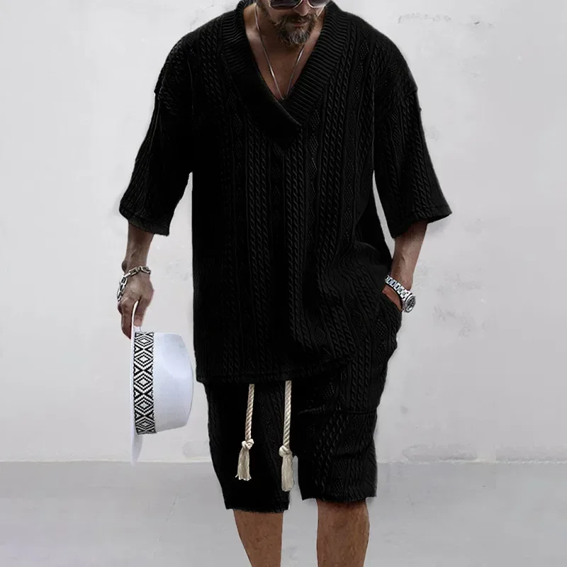 Ensemble deux pièces tricoté pour hommes, ensemble Short et haut décontracté, col en v, T-shirt à manches courtes et Short, Streetwear, tenues en tricot, été
