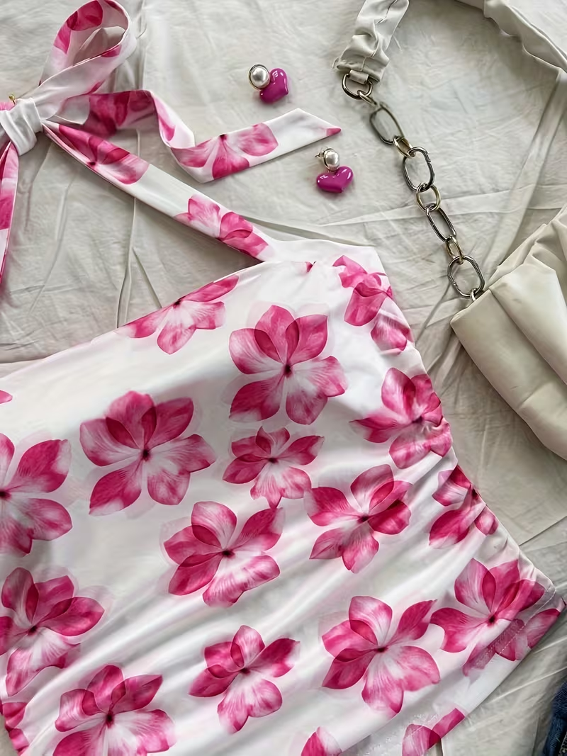 Top court d'été pour femmes, débardeur à fleurs roses, adapté aux filles au style vacances