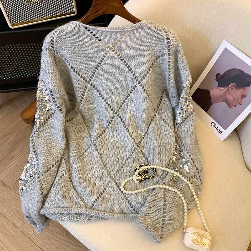 Pull de luxe en tricot doux à paillettes pour femme, manteaux, automne-hiver, hauts à manches longues, tricot ample, mode coréenne Y2k
