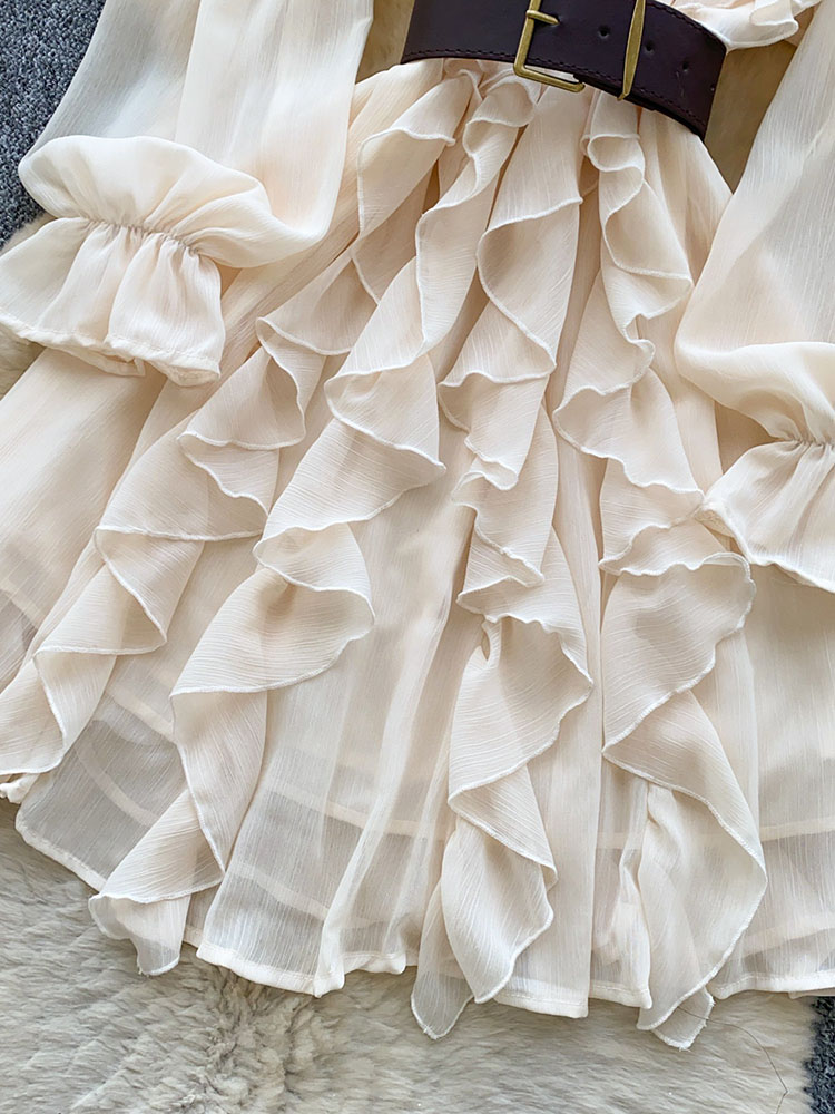 Robe de printemps pour femmes, élégance française, en mousseline de soie, à volants, manches longues, taille haute, ceinturée, polyvalente, pour le bureau, longueur mi-longue, Vestidos DS334