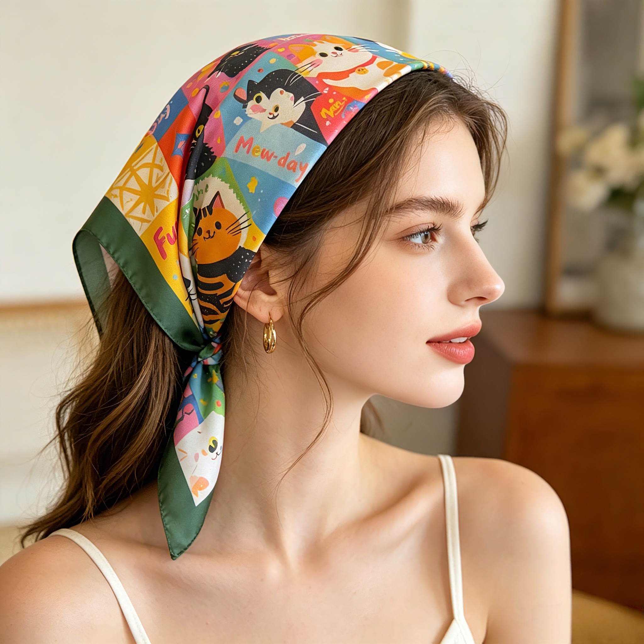 Nouveau Foulard Carré en Soie Imitée 2026 pour Femme, Imprimé Chat Animal, Accessoire de Mode, Bandeau, Bandana, Neckerchief