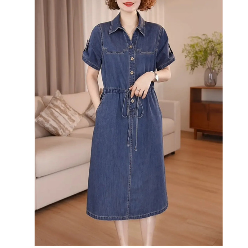 Robe en jean pour femme, nouvelle collection été 2026, à manches courtes, simple boutonnage, coupe ajustée, élégante et décontractée, avec poches