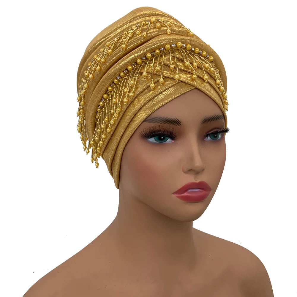 Turban Africain Élégant avec Glands et Perles pour Femme, Cravate de Sauna