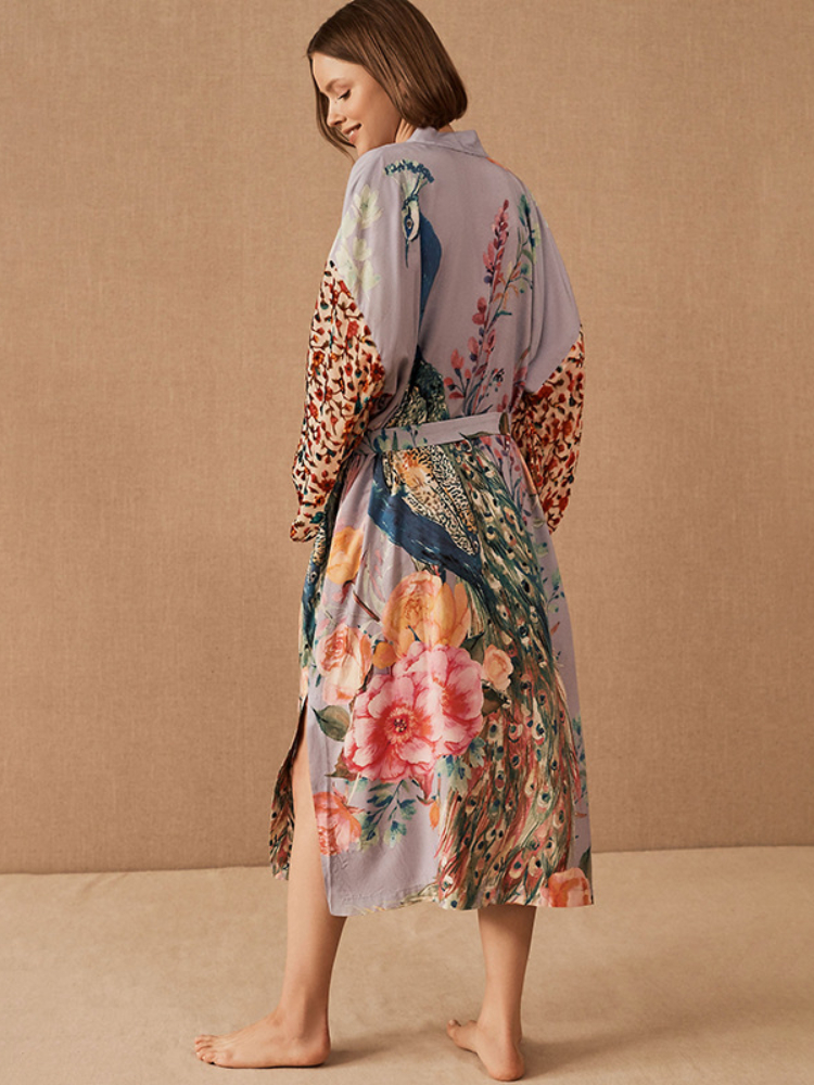 Kimono de plage imprimé Peocock pour femmes, cover-up, robes rondes auto-ceinturées, maillots de bain de bord de mer, vêtements de plage