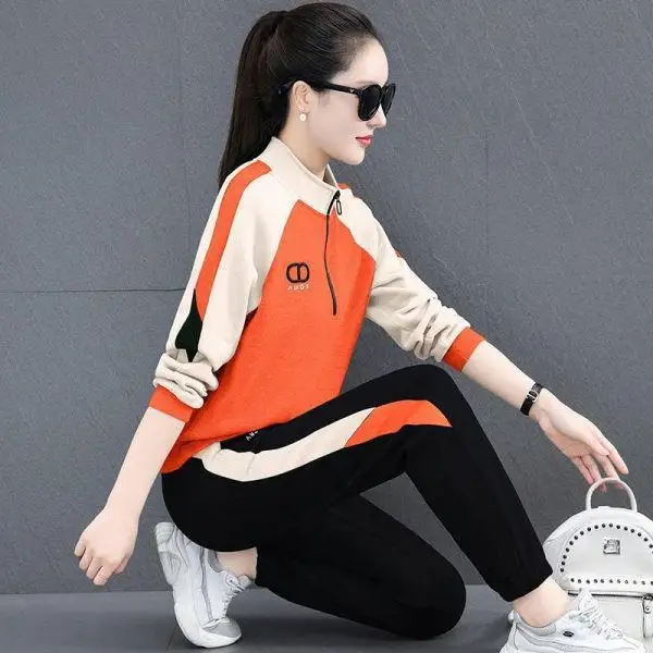 Ensemble de vêtements de sport pour femmes, coupe ample décontractée, col montant, tenue de course, deux pièces, style bicolore, printemps automne, nouvelle mode